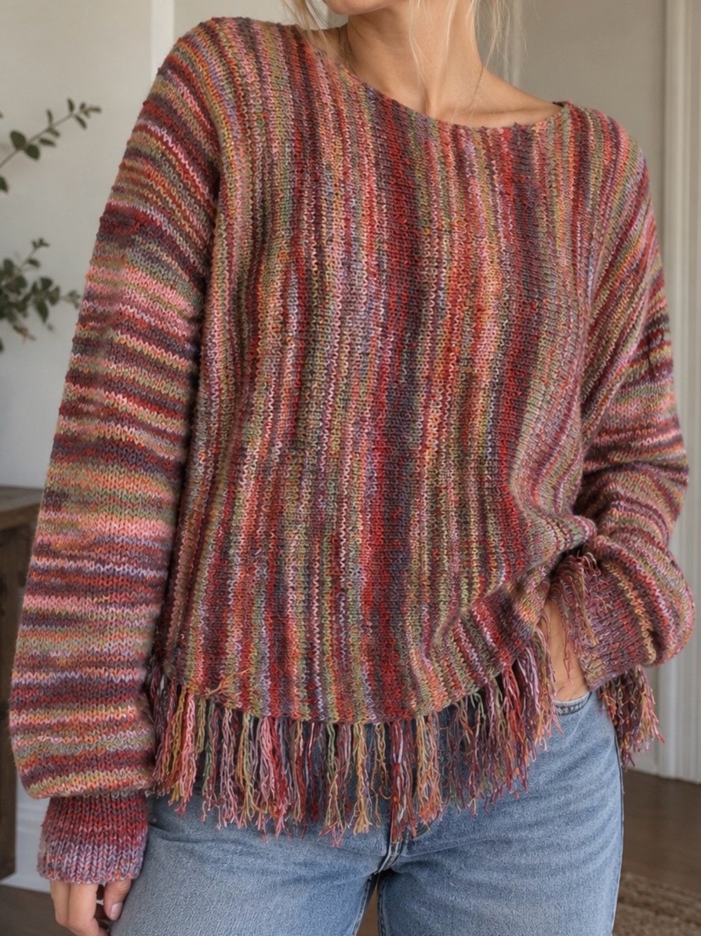 Bohemian Striped Fringe Pullover Sweater Women's Small Earth Tone Tassel Knit